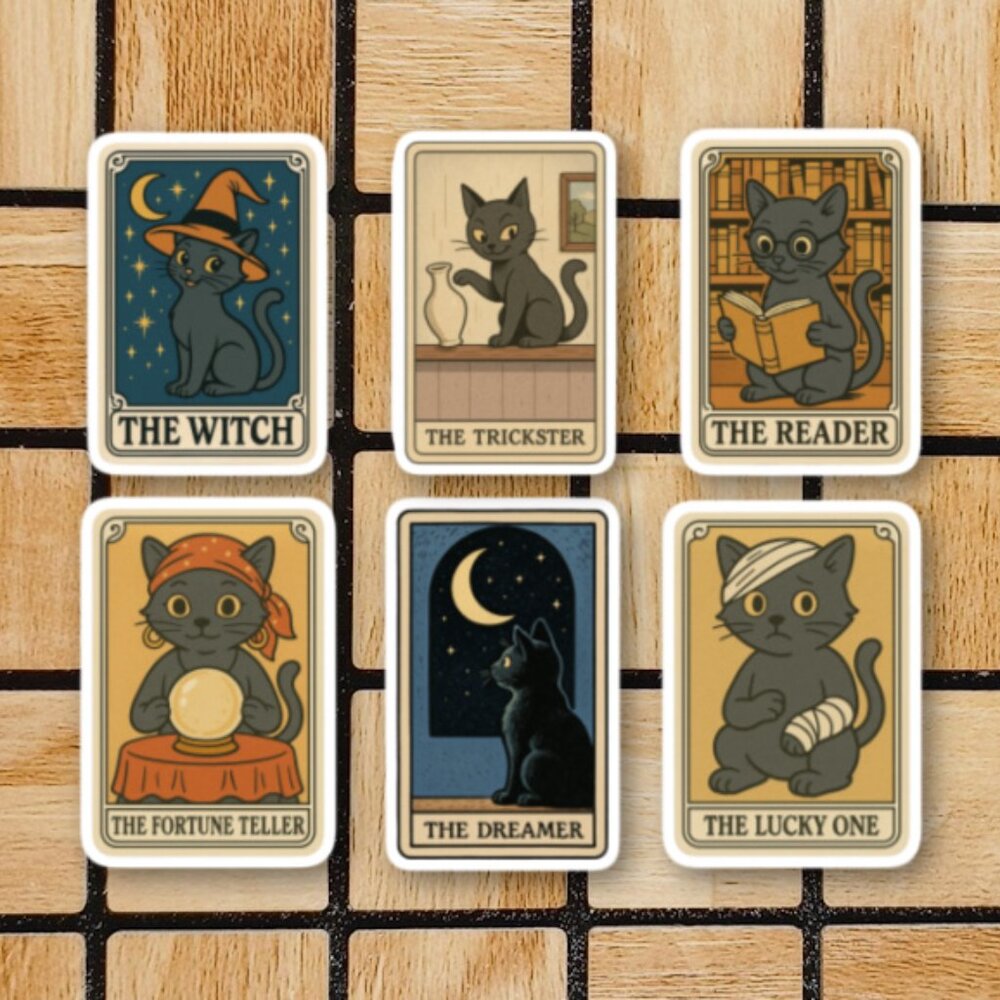 Black Cat Tarot Card Sticker Pack of 6 Vinyl Stickers Waterproof Sticker Set